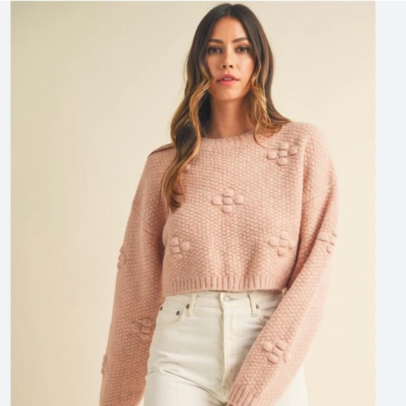 Mable Sweaters - Mable Cozy Textured Bubble Knit Cropped Sweater - Blush Pink- Size Small